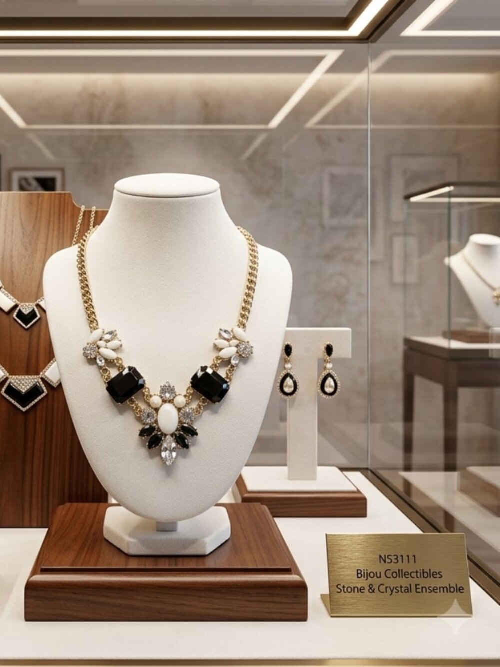 Bijou  Black, pearl, rhinestone gold chain statement necklace